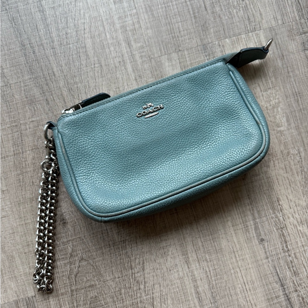 Coach Blue/Light Teal Leather Wristlet with Chain